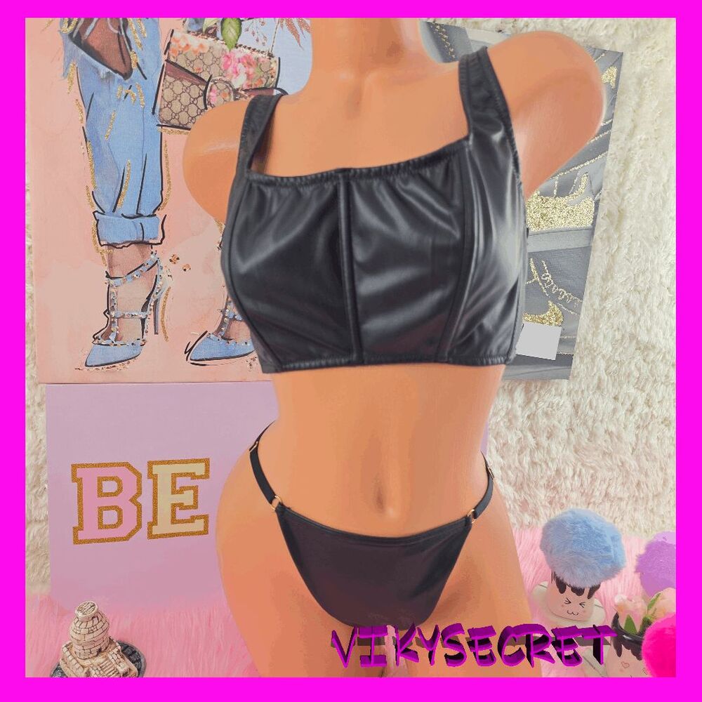 ❤️ NWT Victoria's Secret Black Faux Leather Top V-String Medium #7393 ❤️